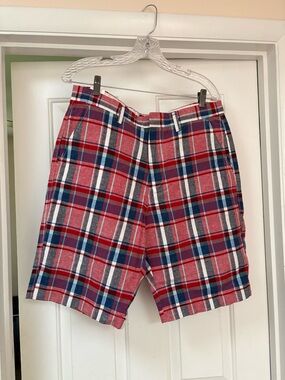 J. Crew Red Plaid Cotton Blend Flat Front Shorts